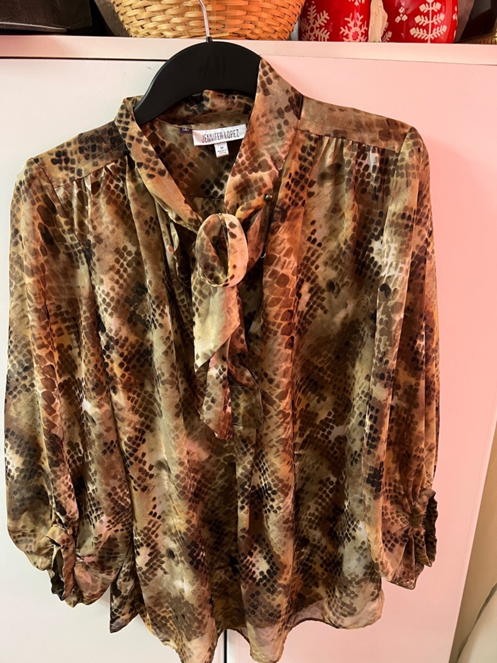 Women’s Snake-Print Tie-Neck Blouse - Brown.